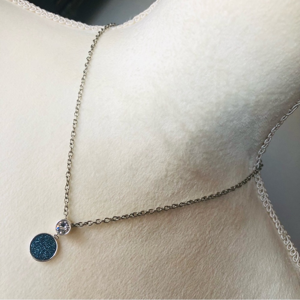 Blue sparkle faux drusy pendant on chain necklace